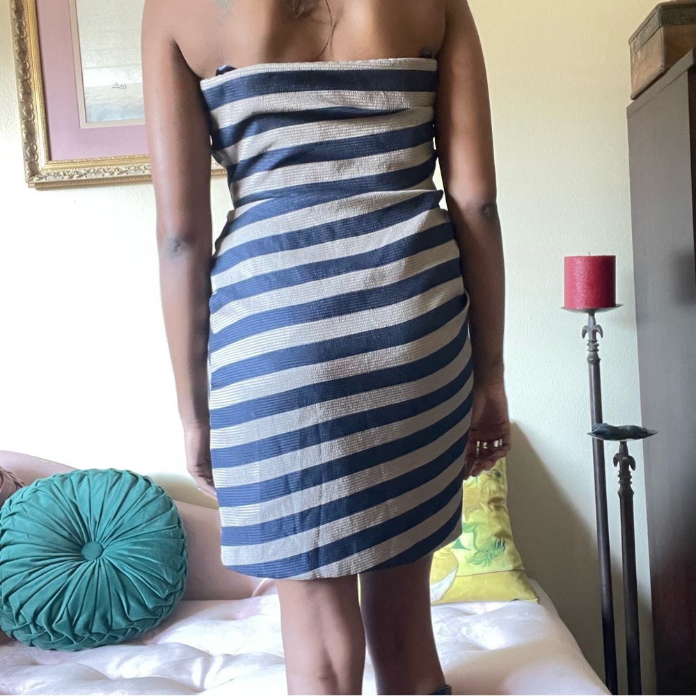 Blue + Beige Striped + Ruffled Bodycon Mini - Picture 6 of 8
